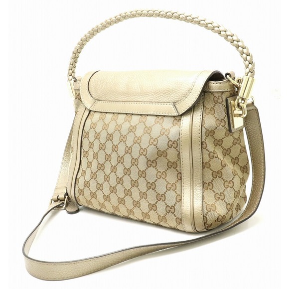 Gucci Bag Beige Champagne Shoulder GG 2WAY Bamboo Khaki - Picture 1 of 9
